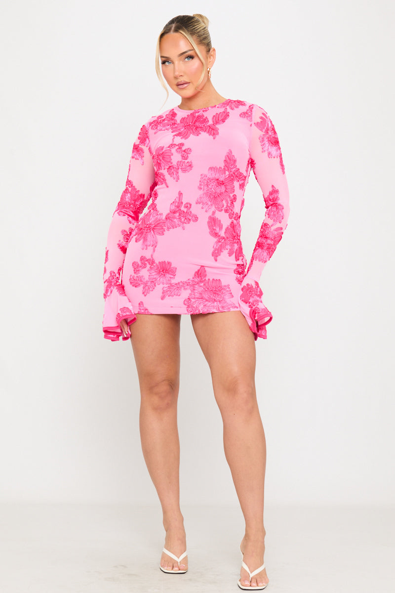 Pink Floral Embroidered Open Back Mini Dress