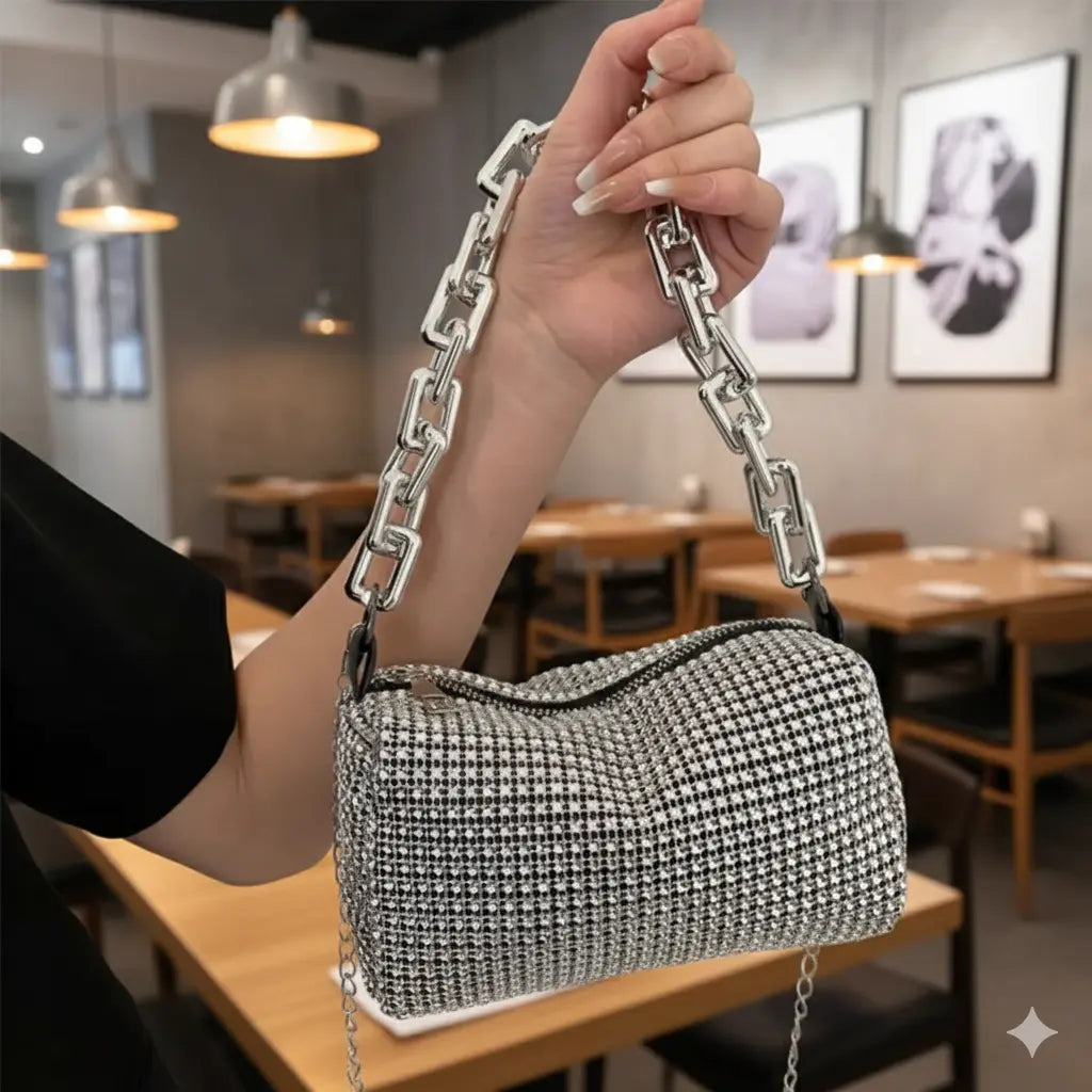 Bling Crystal Mini Shoulder Bag – Sparkling Crossbody Purse with Chunky Chain
