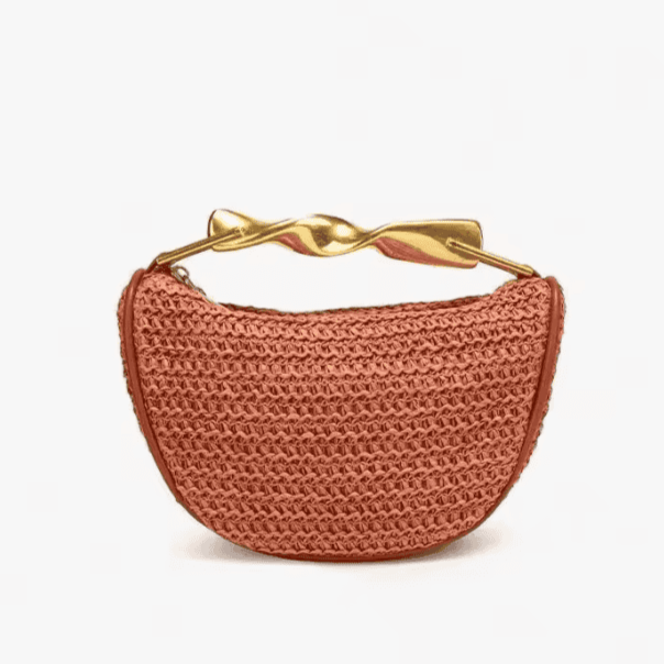 Woven Rattan Half-Moon Bag – Straw Purse with Metal Handle