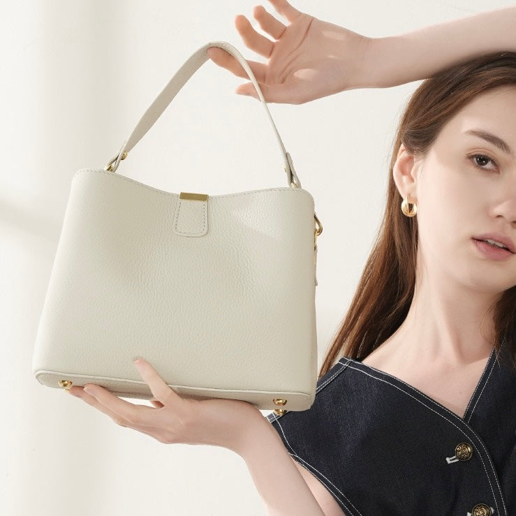 Classic Gold-Trim Genuine Leather Bucket Bag – Elegant Shoulder & Crossbody Handbag