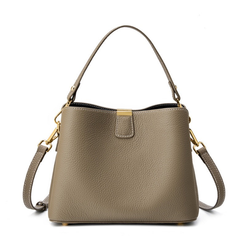 Classic Gold-Trim Genuine Leather Bucket Bag – Elegant Shoulder & Crossbody Handbag