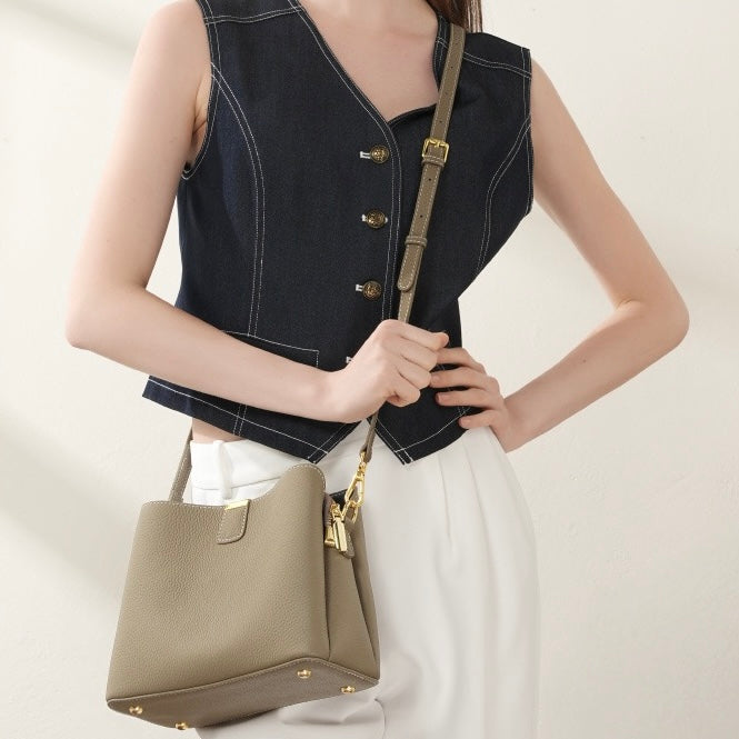 Classic Gold-Trim Genuine Leather Bucket Bag – Elegant Shoulder & Crossbody Handbag