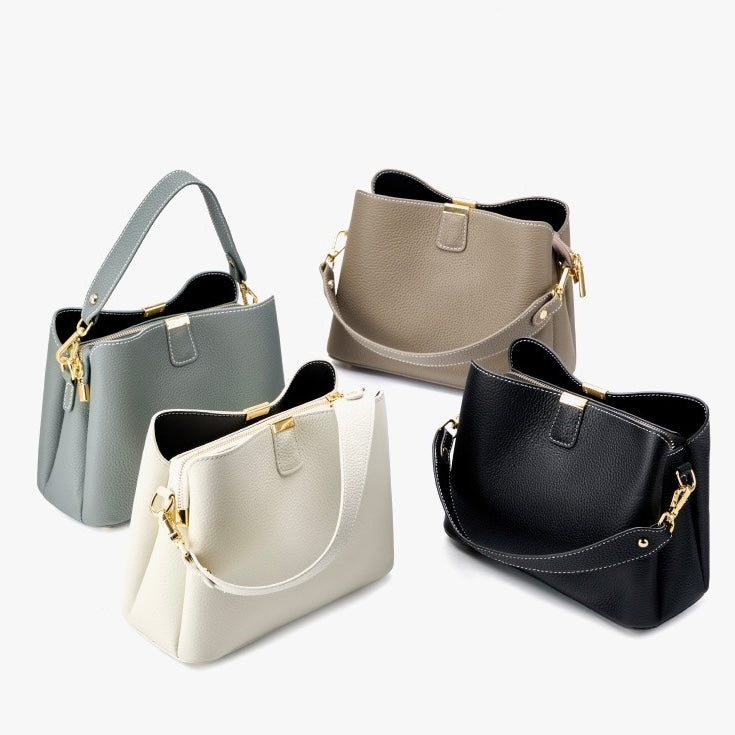Classic Gold-Trim Genuine Leather Bucket Bag – Elegant Shoulder & Crossbody Handbag