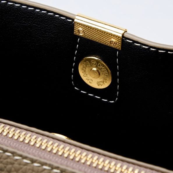 Classic Gold-Trim Genuine Leather Bucket Bag – Elegant Shoulder & Crossbody Handbag