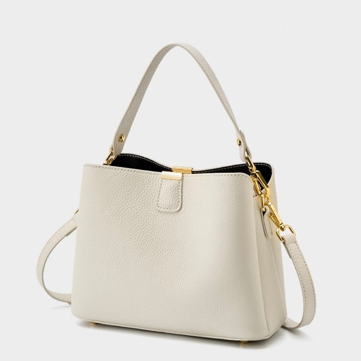 Classic Gold-Trim Genuine Leather Bucket Bag – Elegant Shoulder & Crossbody Handbag