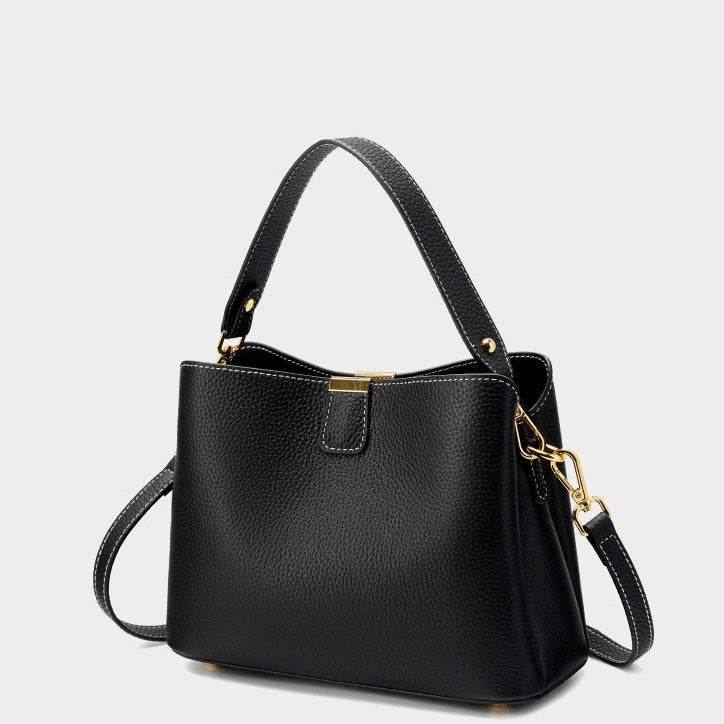 Classic Gold-Trim Genuine Leather Bucket Bag – Elegant Shoulder & Crossbody Handbag