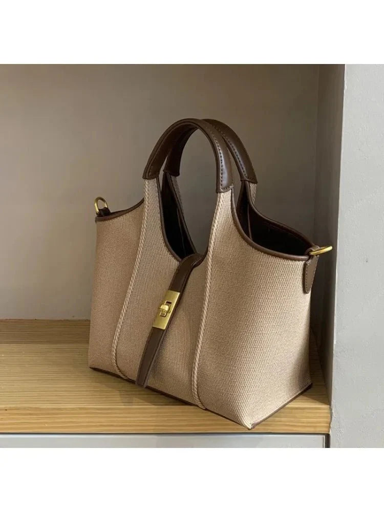 Women’s Canvas Bucket Bag with Leather Trim | Elegant Crossbody & Top Handle Tote Bag