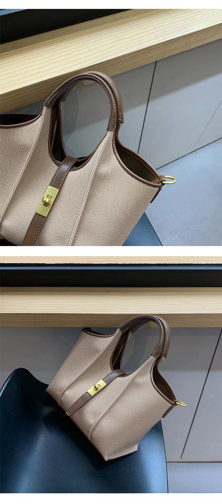 Women’s Canvas Bucket Bag with Leather Trim | Elegant Crossbody & Top Handle Tote Bag