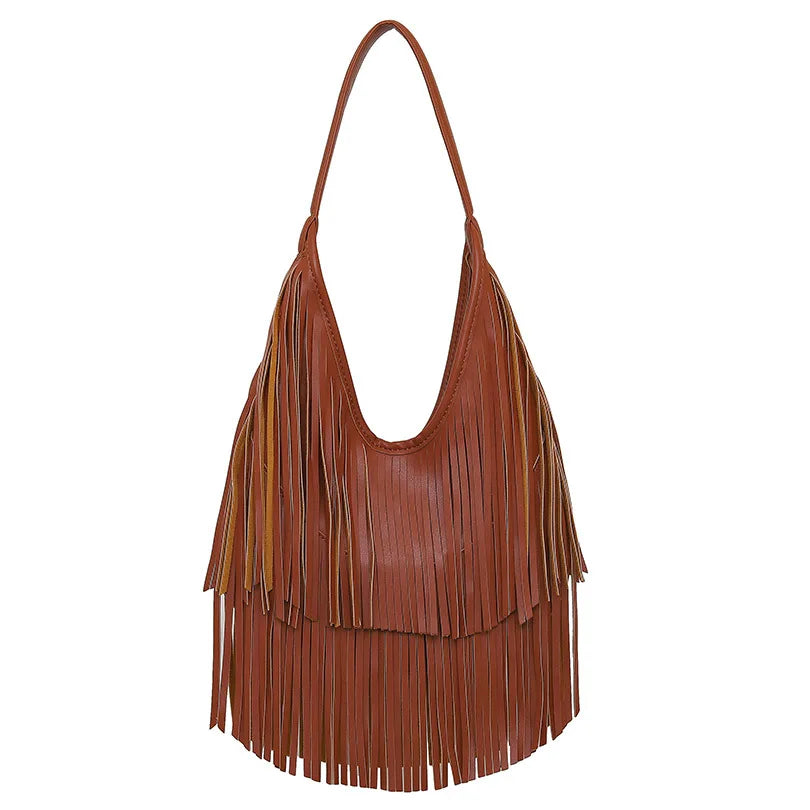 Long Fringe Shoulder Bag – Faux Leather Hobo Tote