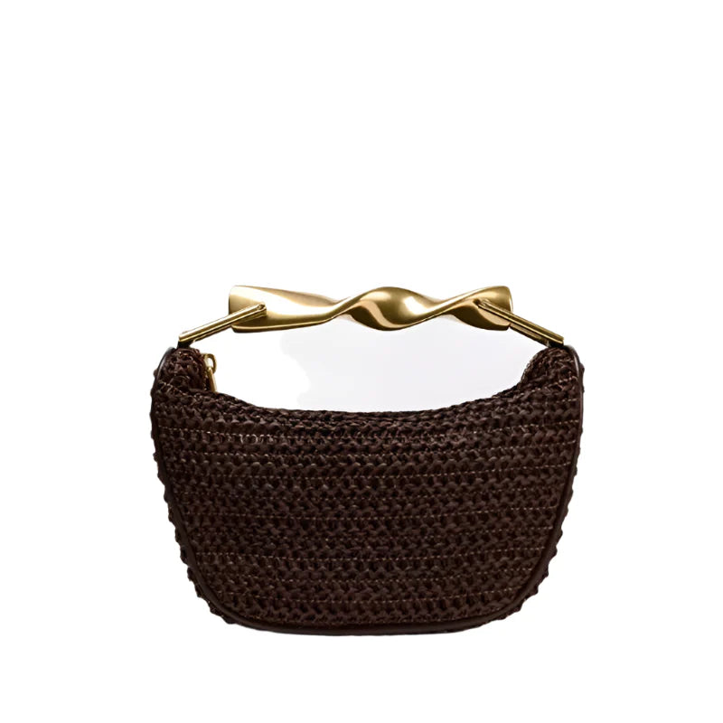 Woven Rattan Half-Moon Bag – Straw Purse with Metal Handle