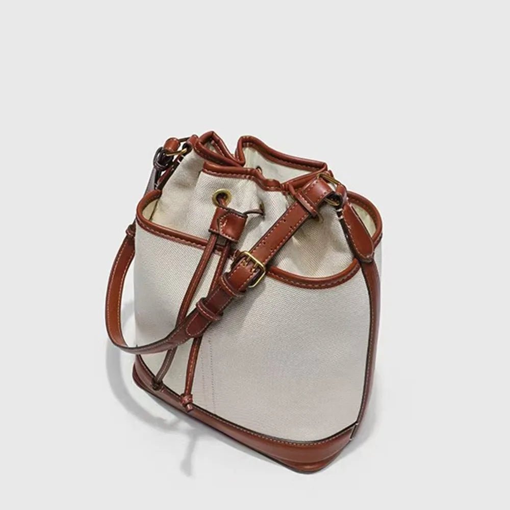 Denim Bucket Bag for Women – Drawstring Shoulder Handbag with Leather Trim