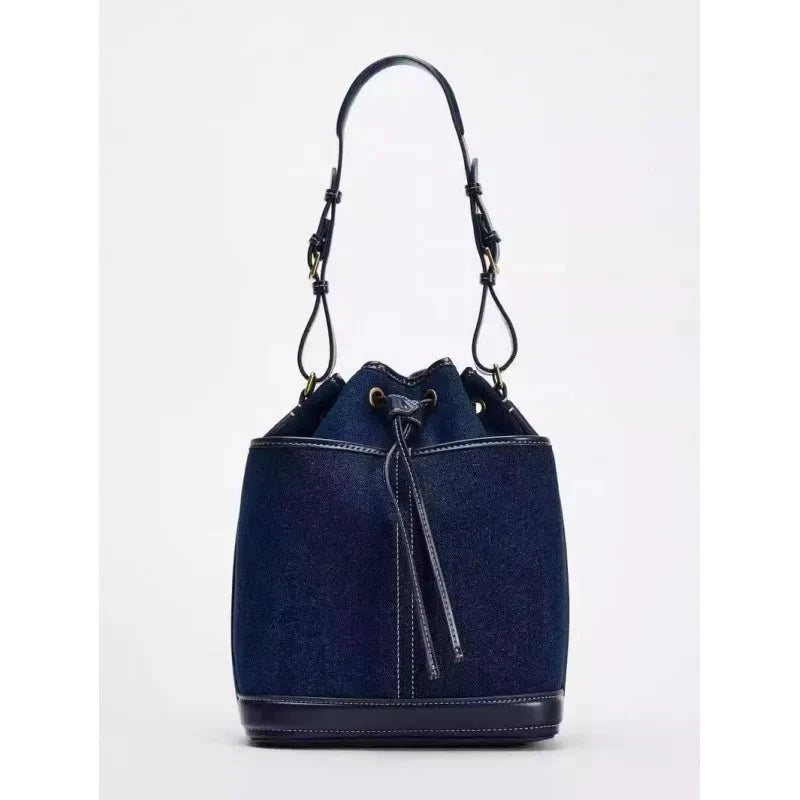 Denim Bucket Bag for Women – Drawstring Shoulder Handbag with Leather Trim