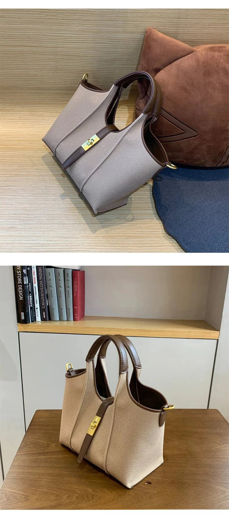 Women’s Canvas Bucket Bag with Leather Trim | Elegant Crossbody & Top Handle Tote Bag
