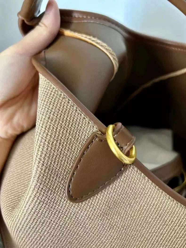Women’s Canvas Bucket Bag with Leather Trim | Elegant Crossbody & Top Handle Tote Bag