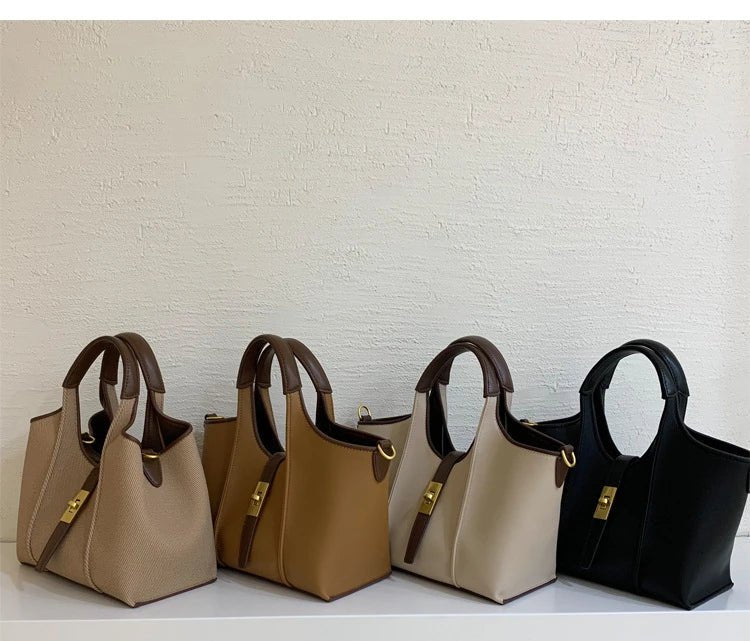 Women’s Canvas Bucket Bag with Leather Trim | Elegant Crossbody & Top Handle Tote Bag