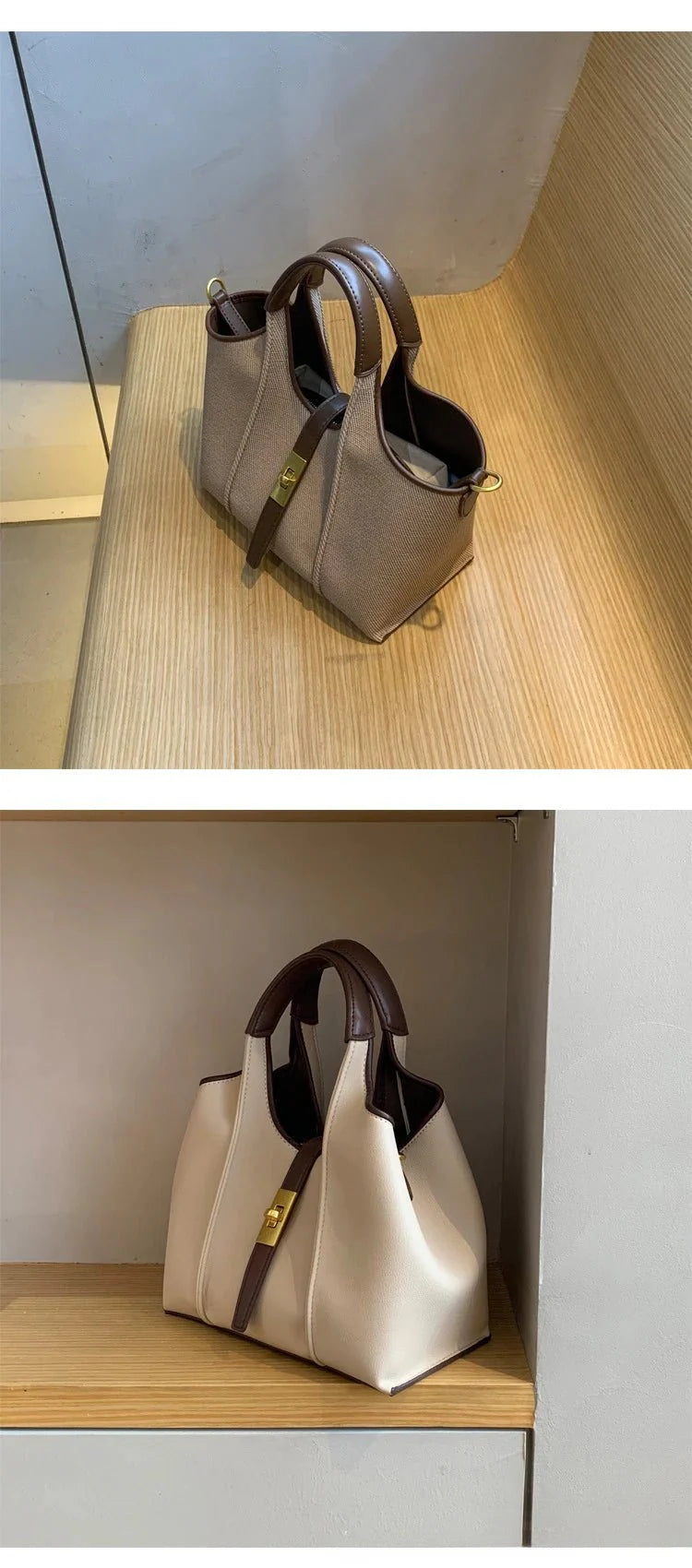 Women’s Canvas Bucket Bag with Leather Trim | Elegant Crossbody & Top Handle Tote Bag