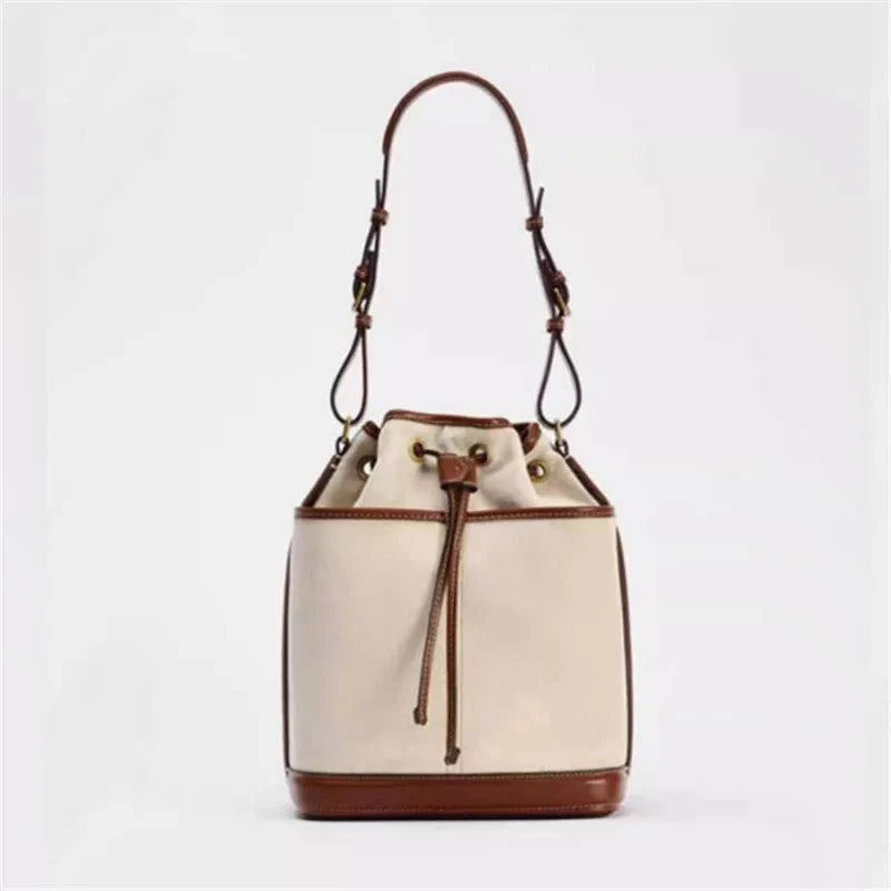 Denim Bucket Bag for Women – Drawstring Shoulder Handbag with Leather Trim