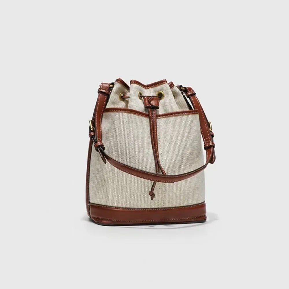 Denim Bucket Bag for Women – Drawstring Shoulder Handbag with Leather Trim