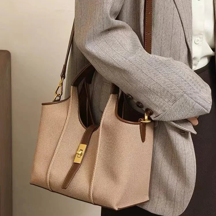Women’s Canvas Bucket Bag with Leather Trim | Elegant Crossbody & Top Handle Tote Bag