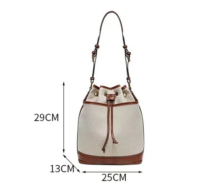 Denim Bucket Bag for Women – Drawstring Shoulder Handbag with Leather Trim