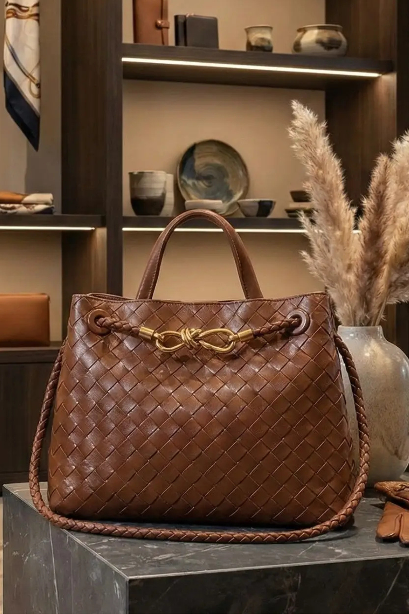 The Evie Woven Luxe Satchel & Crossbody – Brown
