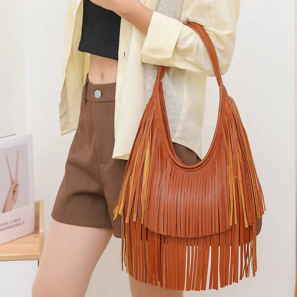 Long Fringe Shoulder Bag – Faux Leather Hobo Tote
