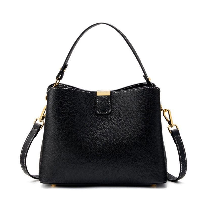 Classic Gold-Trim Genuine Leather Bucket Bag – Elegant Shoulder & Crossbody Handbag