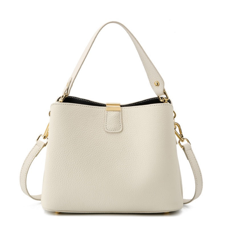 Classic Gold-Trim Genuine Leather Bucket Bag – Elegant Shoulder & Crossbody Handbag