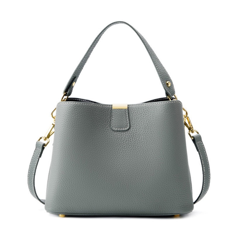 Classic Gold-Trim Genuine Leather Bucket Bag – Elegant Shoulder & Crossbody Handbag