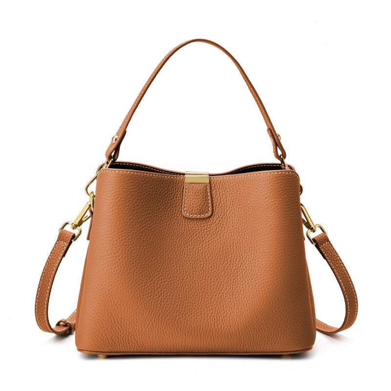 Classic Gold-Trim Genuine Leather Bucket Bag – Elegant Shoulder & Crossbody Handbag
