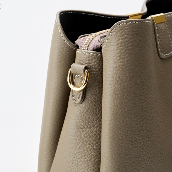 Classic Gold-Trim Genuine Leather Bucket Bag – Elegant Shoulder & Crossbody Handbag