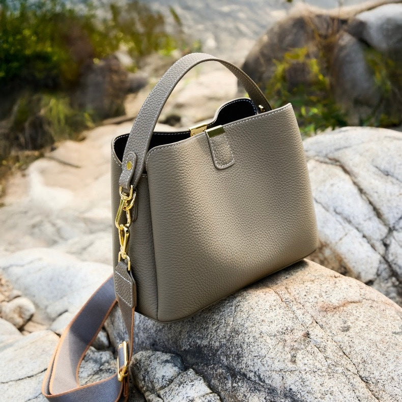 Classic Gold-Trim Genuine Leather Bucket Bag – Elegant Shoulder & Crossbody Handbag