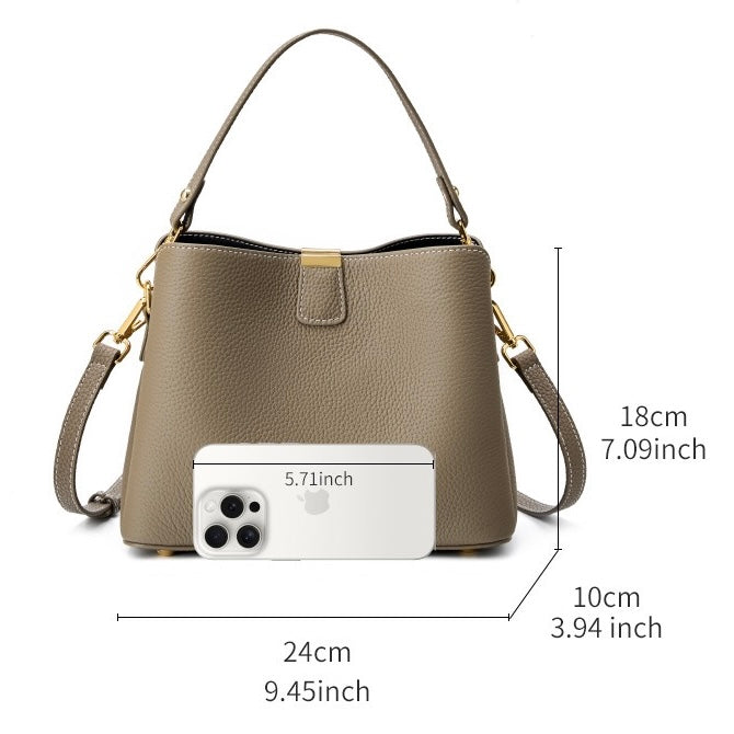 Classic Gold-Trim Genuine Leather Bucket Bag – Elegant Shoulder & Crossbody Handbag