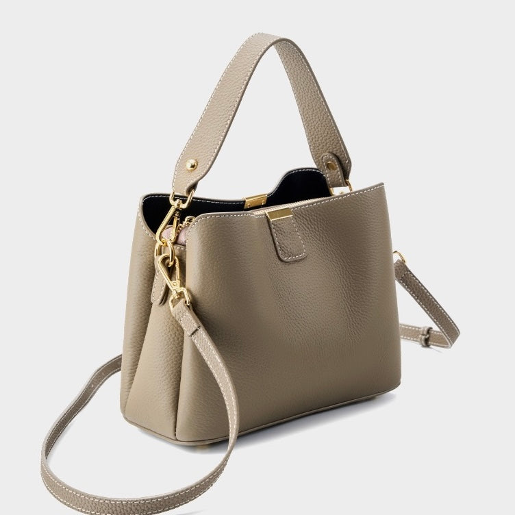 Classic Gold-Trim Genuine Leather Bucket Bag – Elegant Shoulder & Crossbody Handbag