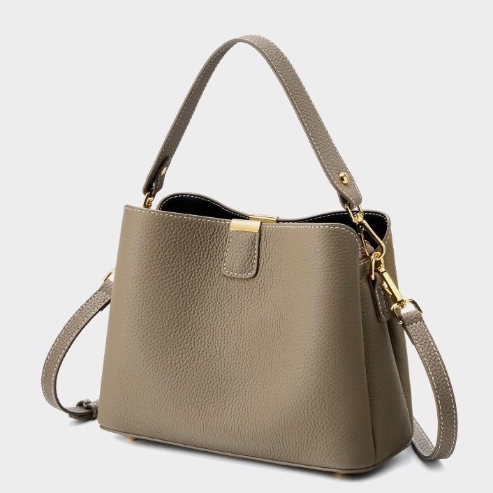 Classic Gold-Trim Genuine Leather Bucket Bag – Elegant Shoulder & Crossbody Handbag
