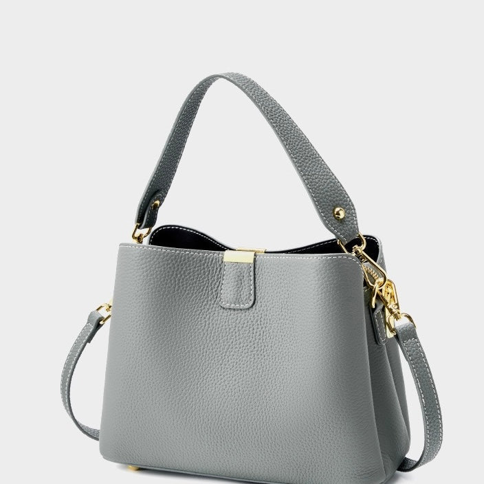 Classic Gold-Trim Genuine Leather Bucket Bag – Elegant Shoulder & Crossbody Handbag