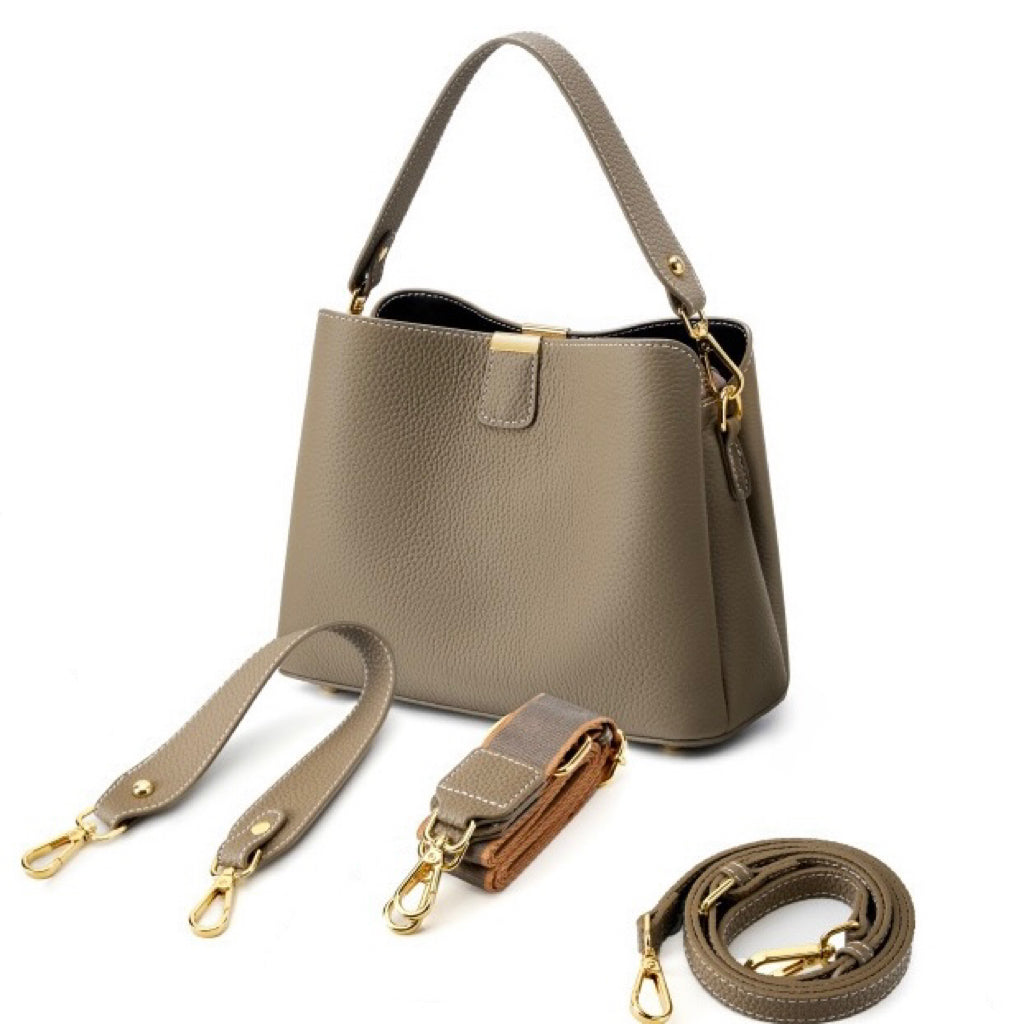 Classic Gold-Trim Genuine Leather Bucket Bag – Elegant Shoulder & Crossbody Handbag