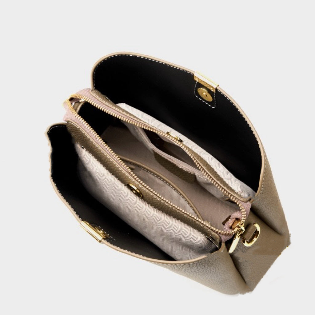 Classic Gold-Trim Genuine Leather Bucket Bag – Elegant Shoulder & Crossbody Handbag