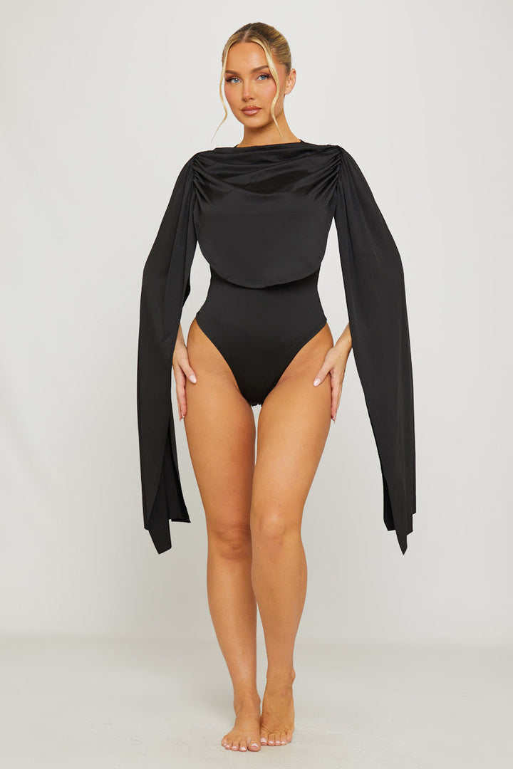Black Shoulder Draped Ruched Bodysuit