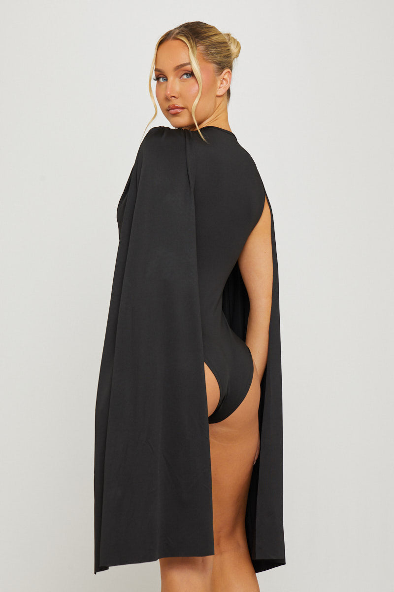 Black Shoulder Draped Ruched Bodysuit