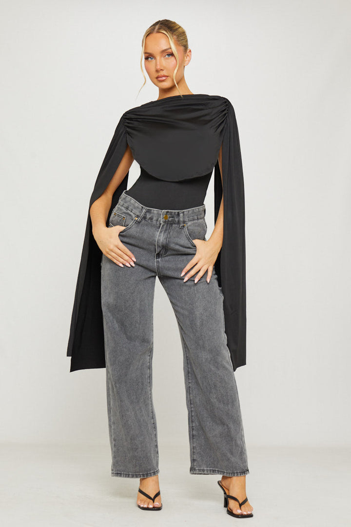 Black Shoulder Draped Ruched Bodysuit