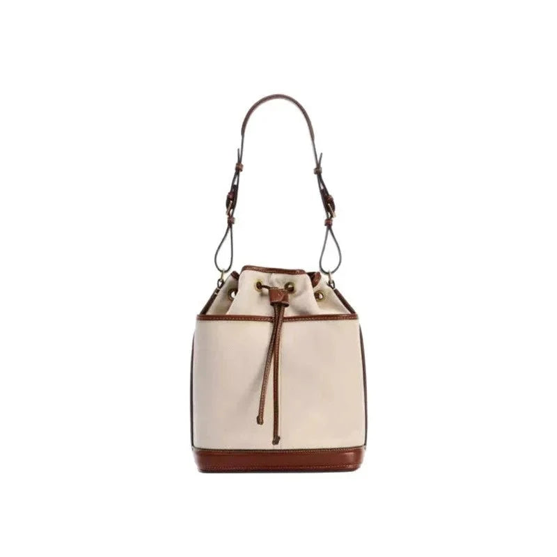 Denim Bucket Bag for Women – Drawstring Shoulder Handbag with Leather Trim