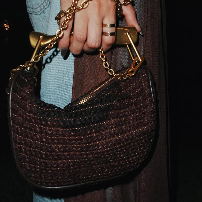 Woven Rattan Half-Moon Bag – Straw Purse with Metal Handle