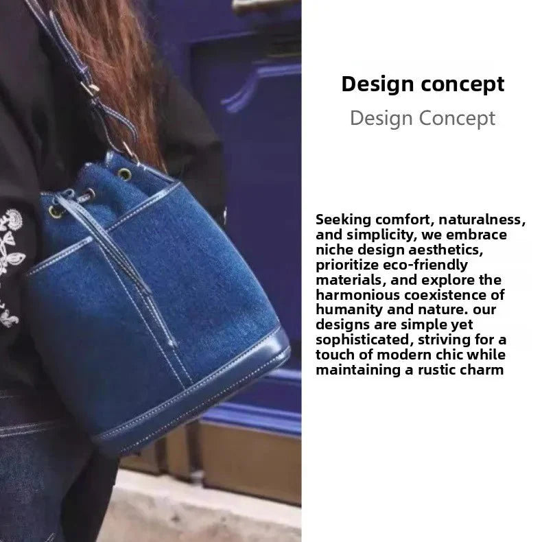 Denim Bucket Bag for Women – Drawstring Shoulder Handbag with Leather Trim
