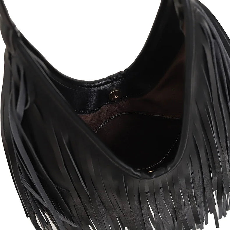 Long Fringe Shoulder Bag – Faux Leather Hobo Tote