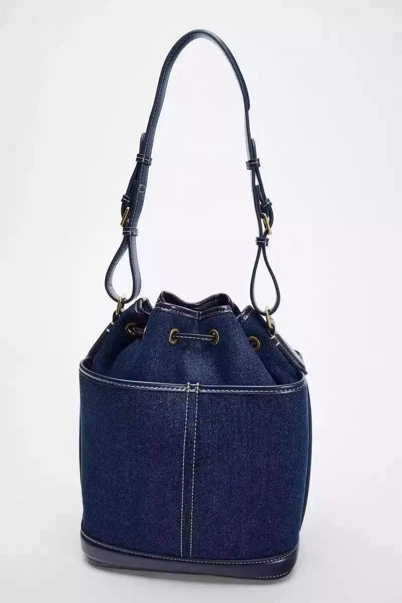 Denim Bucket Bag for Women – Drawstring Shoulder Handbag with Leather Trim