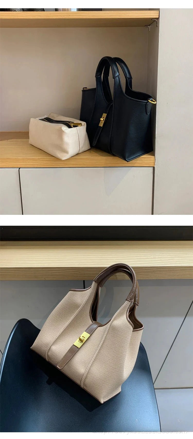 Women’s Canvas Bucket Bag with Leather Trim | Elegant Crossbody & Top Handle Tote Bag