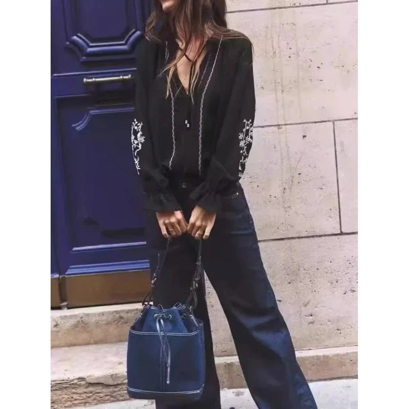 Denim Bucket Bag for Women – Drawstring Shoulder Handbag with Leather Trim