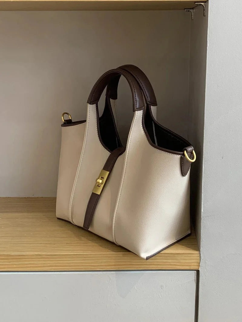 Women’s Canvas Bucket Bag with Leather Trim | Elegant Crossbody & Top Handle Tote Bag