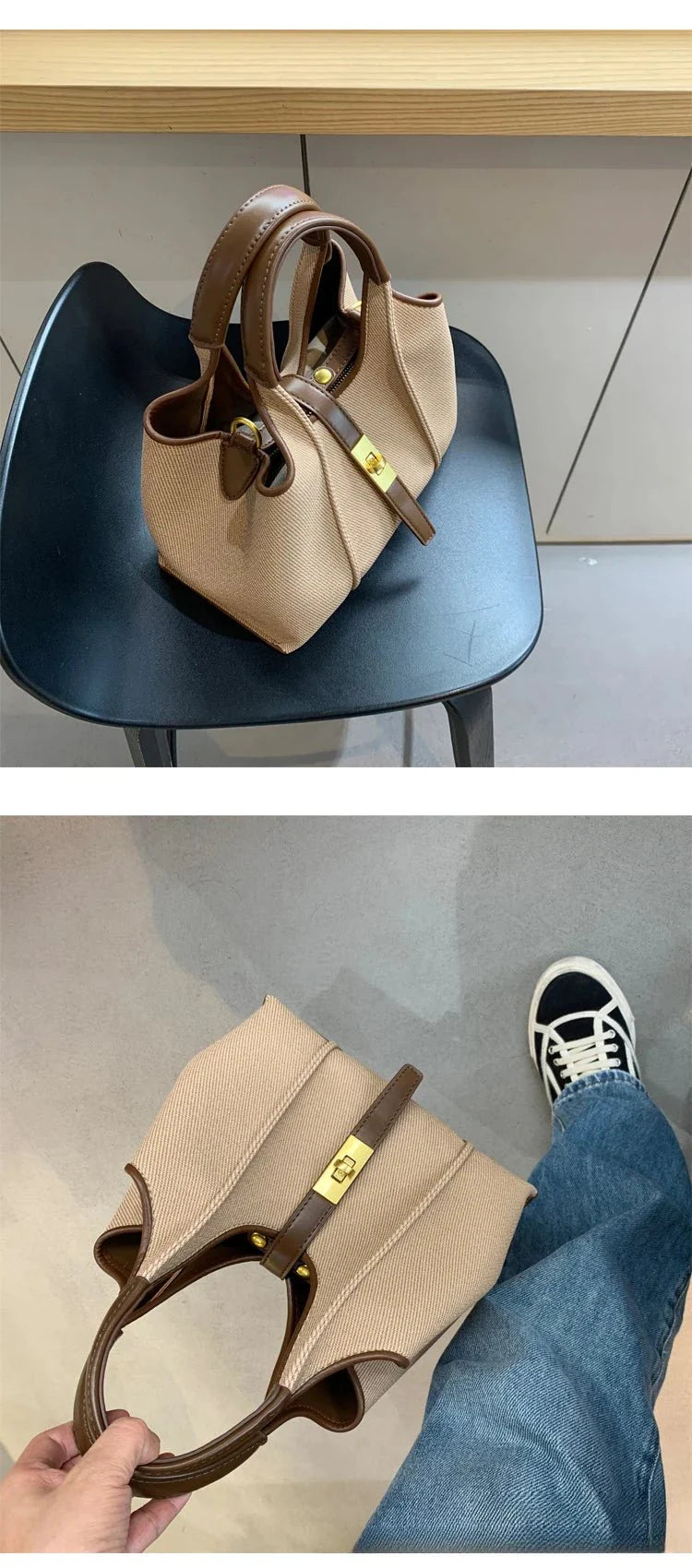 Women’s Canvas Bucket Bag with Leather Trim | Elegant Crossbody & Top Handle Tote Bag